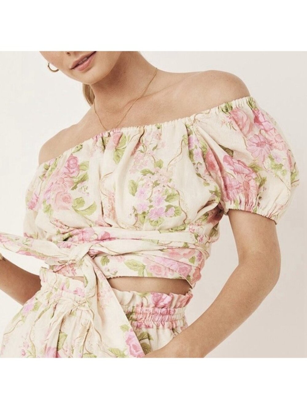 Spell & The Gypsy Floral Rose Garden Cropped Short Sleeve Tie Blouse Top Small